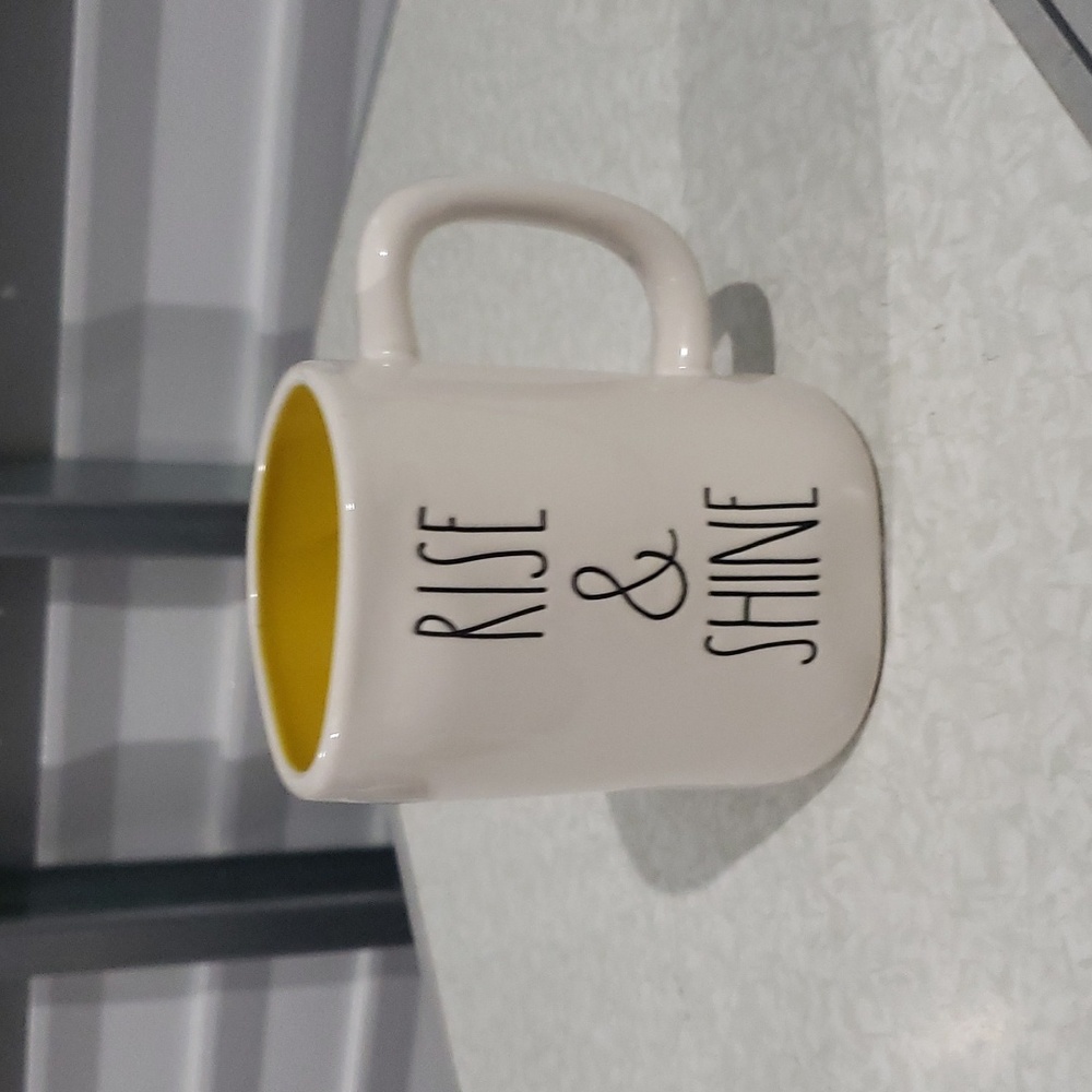 RAE‎ DUNN Mug RISE AND SHINE Coffee Tea Cup Magenta I White Yellow